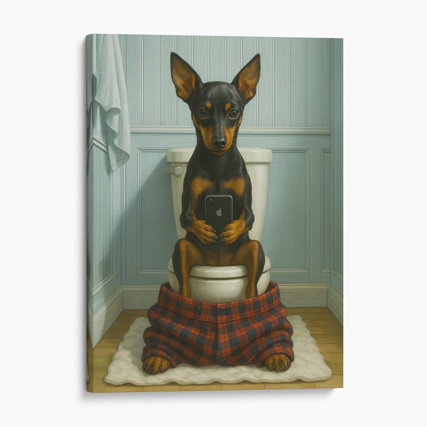 Miniature Pinscher Dog On The Phone On The Toilet