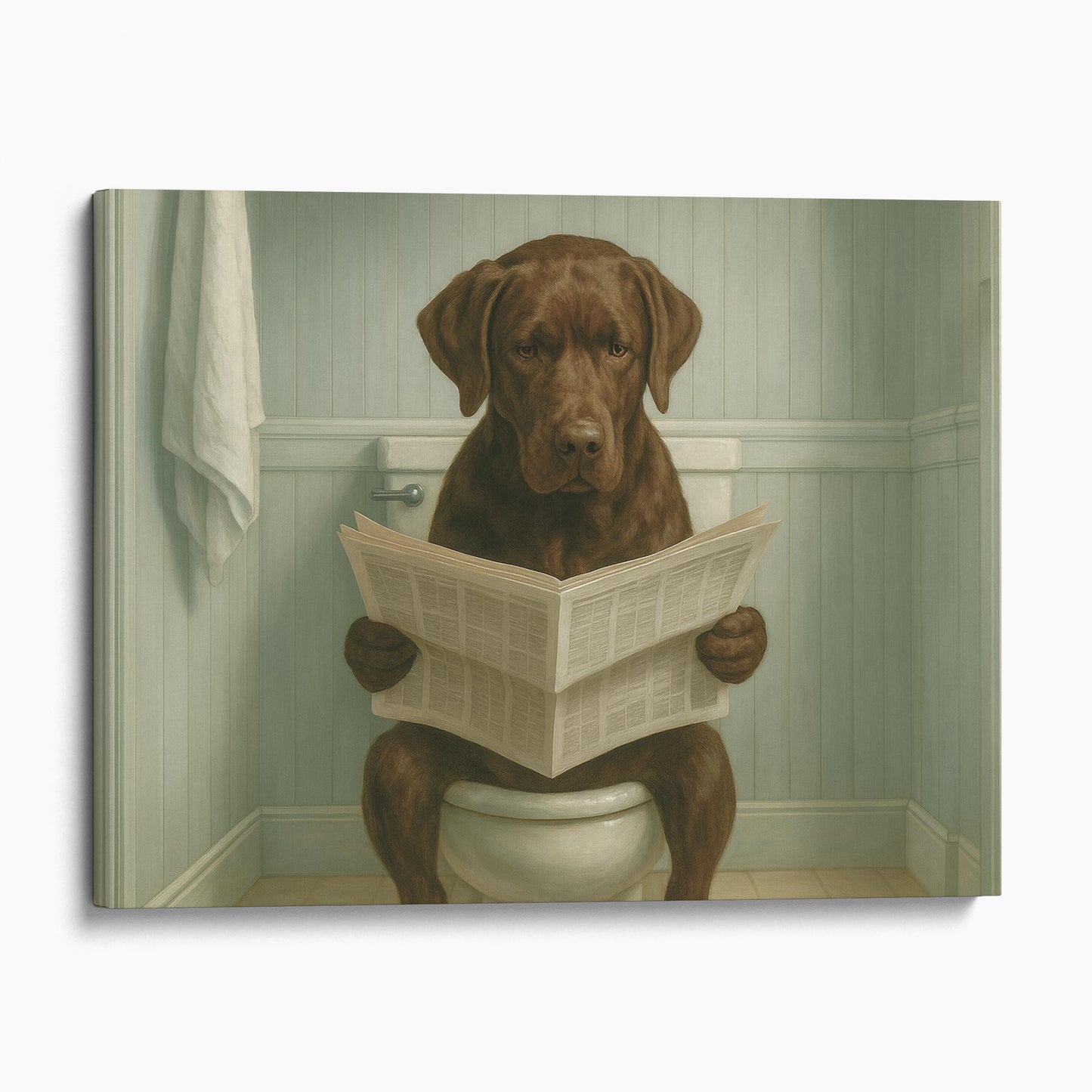 Chocolate Labrador Retriever Reading The Newspaper On The Toilet
