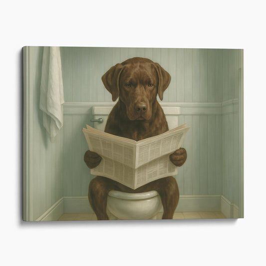 Chocolate Labrador Retriever Reading The Newspaper On The Toilet