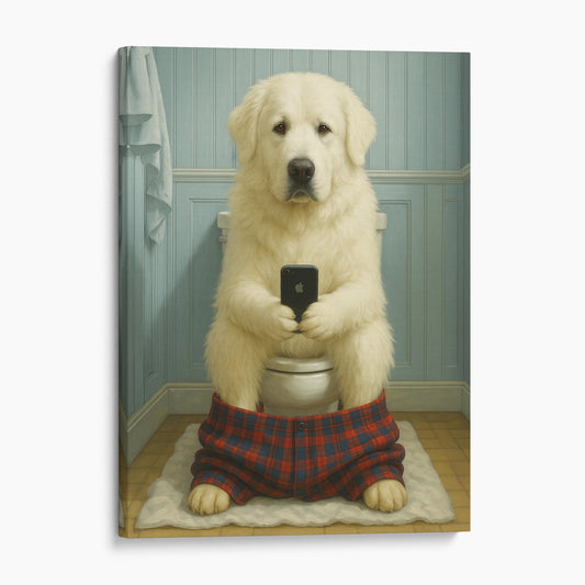 Great Pyrenees Dog On The Phone On The Toilet
