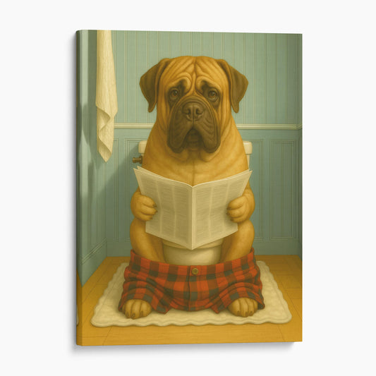 Mastiff Dog Reading The Newspaper On The Toilet