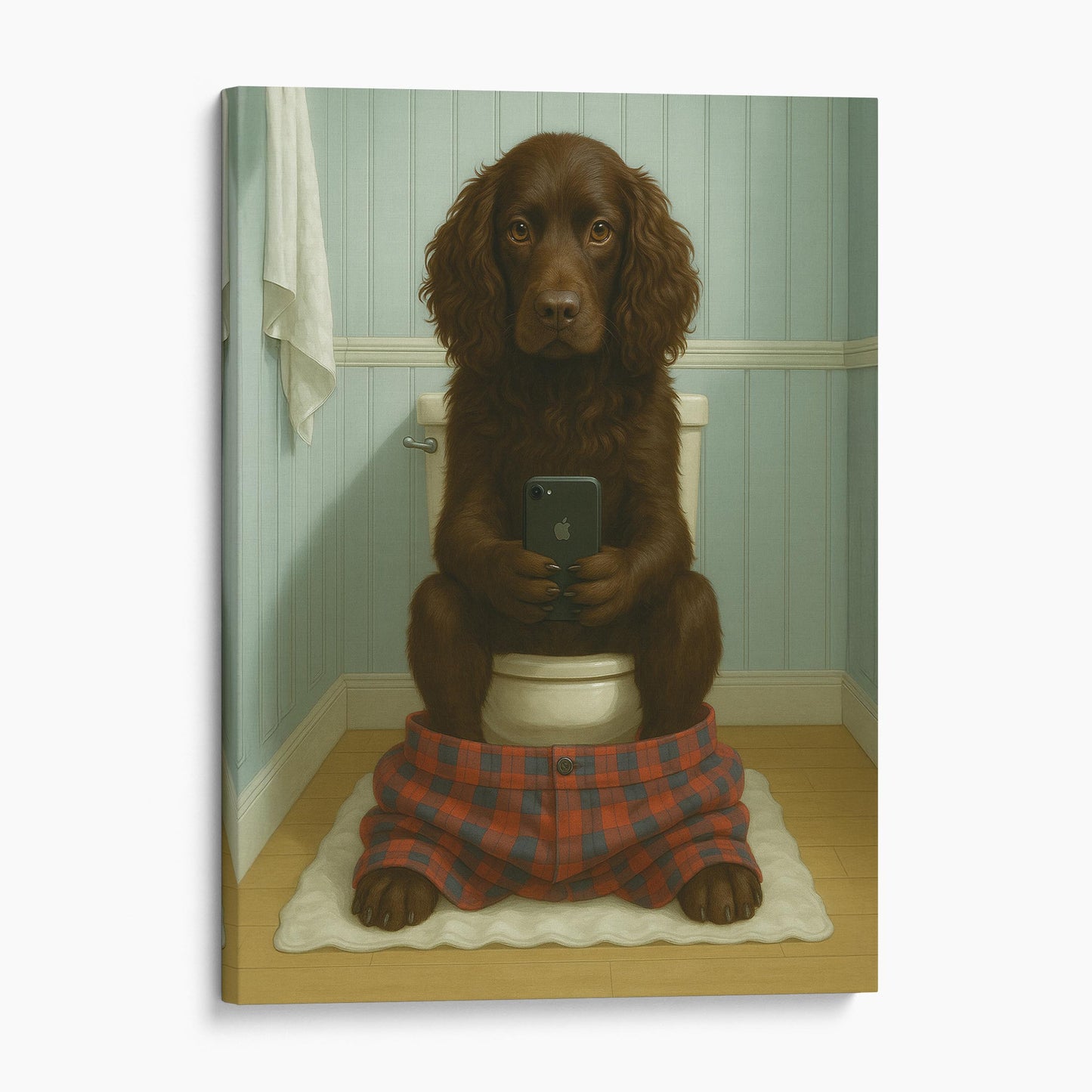 Boykin Spaniel Dog On The Phone On The Toilet