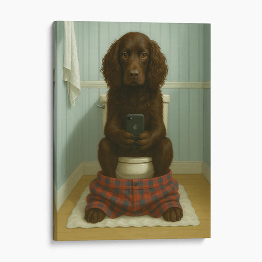 Boykin Spaniel Dog On The Phone On The Toilet