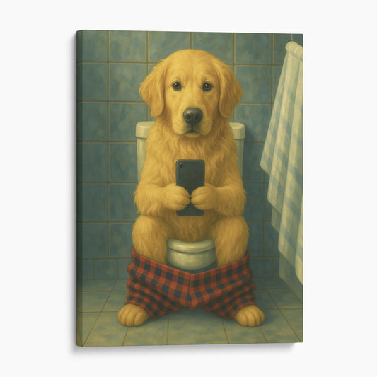 Golden Retriever On The Phone On The Toilet