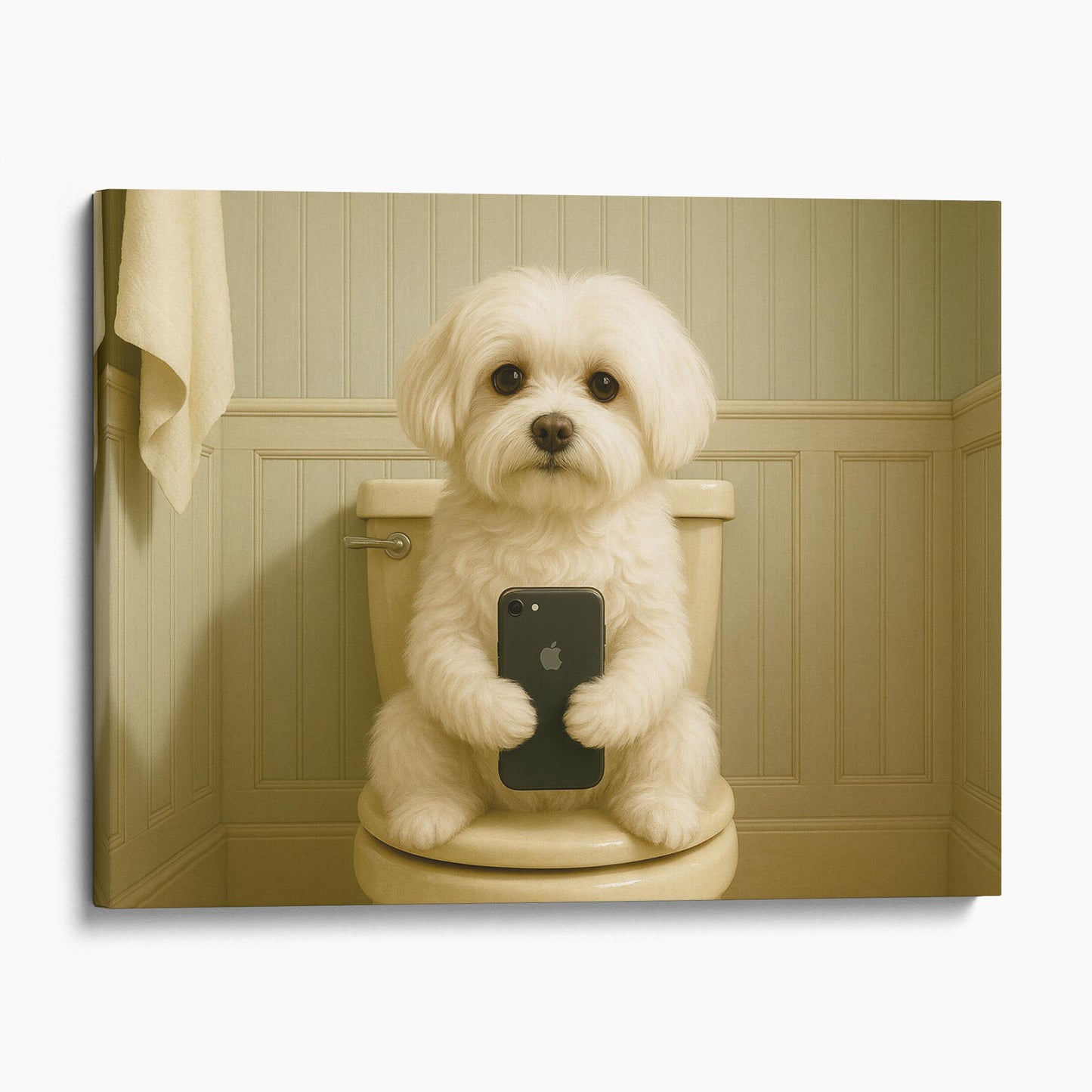 Maltese Dog On The Phone On The Toilet
