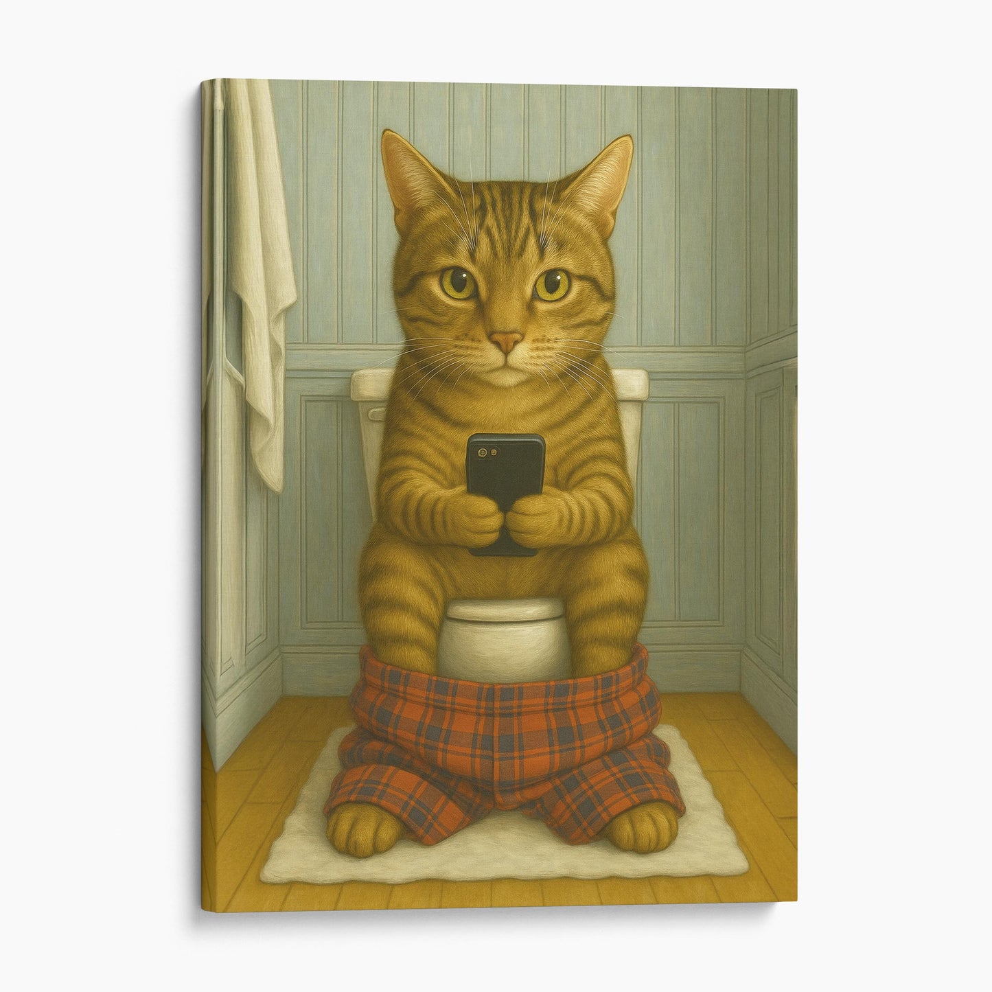 Domestic Shorthair Cat On The Phone On The Toilet