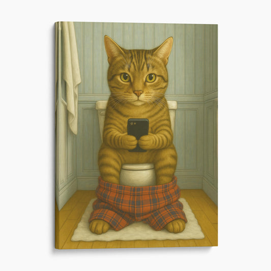 Domestic Shorthair Cat On The Phone On The Toilet