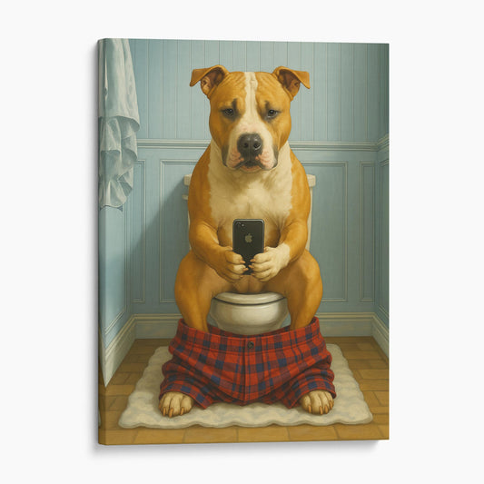 American Staffordshire Terrier Dog On The Phone On The Toilet