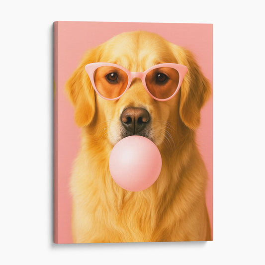 Golden Retriever Pink Sunglasses Blowing Bubble Gum