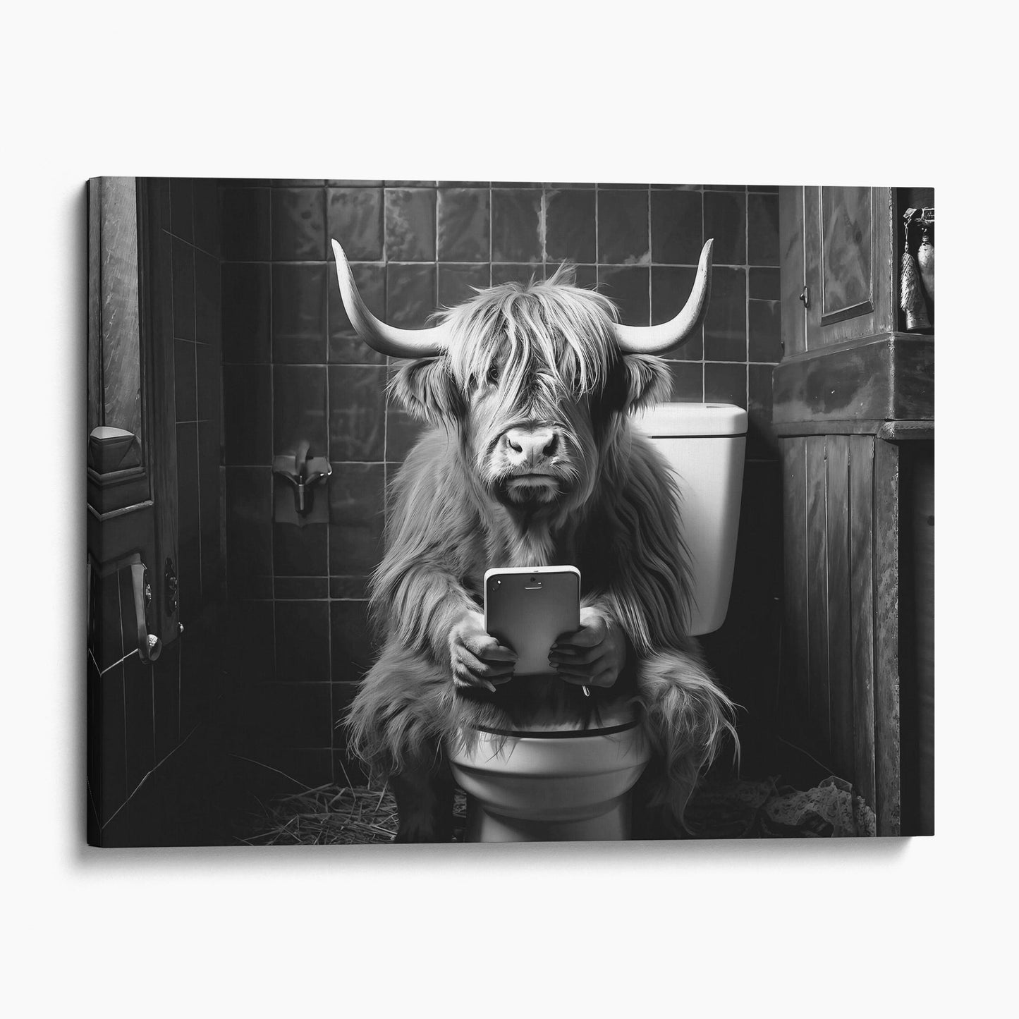 Highland Cow On The Toilet On The Phone