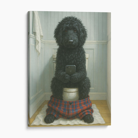 Black Golden Doodle Dog On The Phone On The Toilet