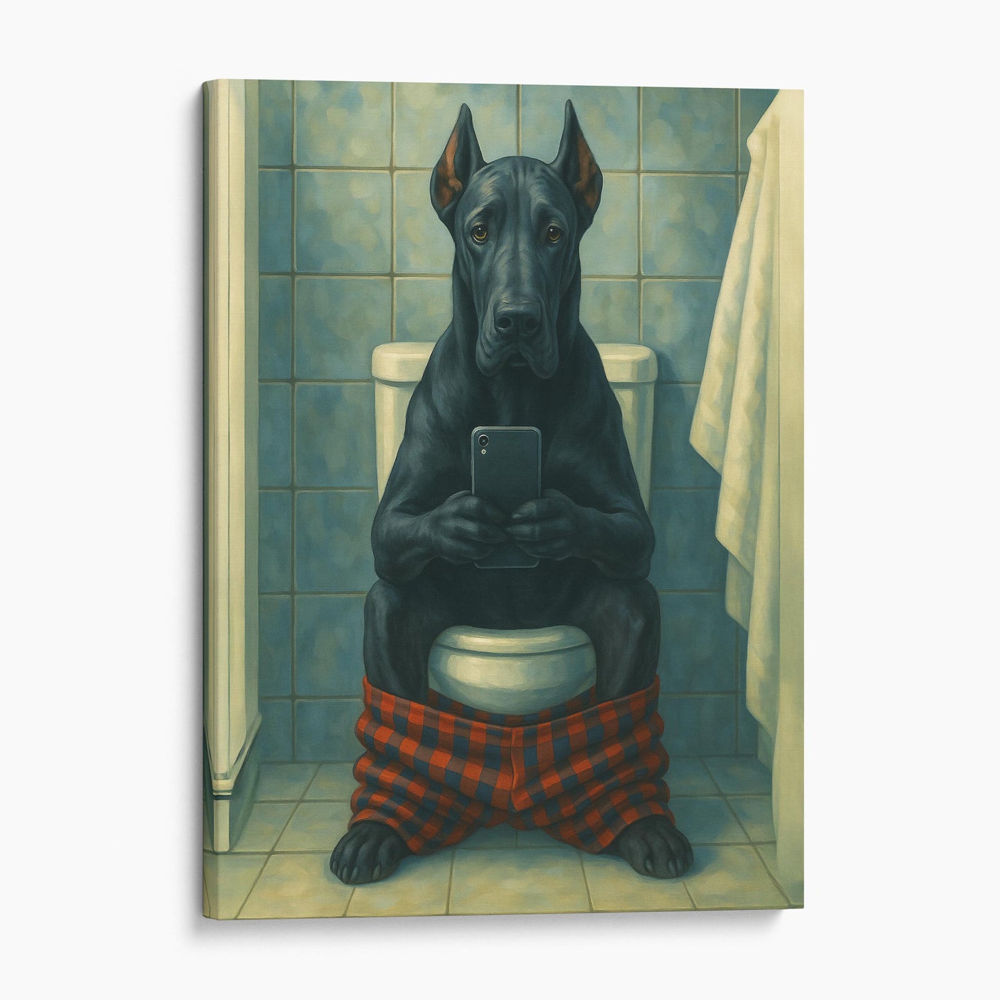 Great Dane On The Phone On The Toilet