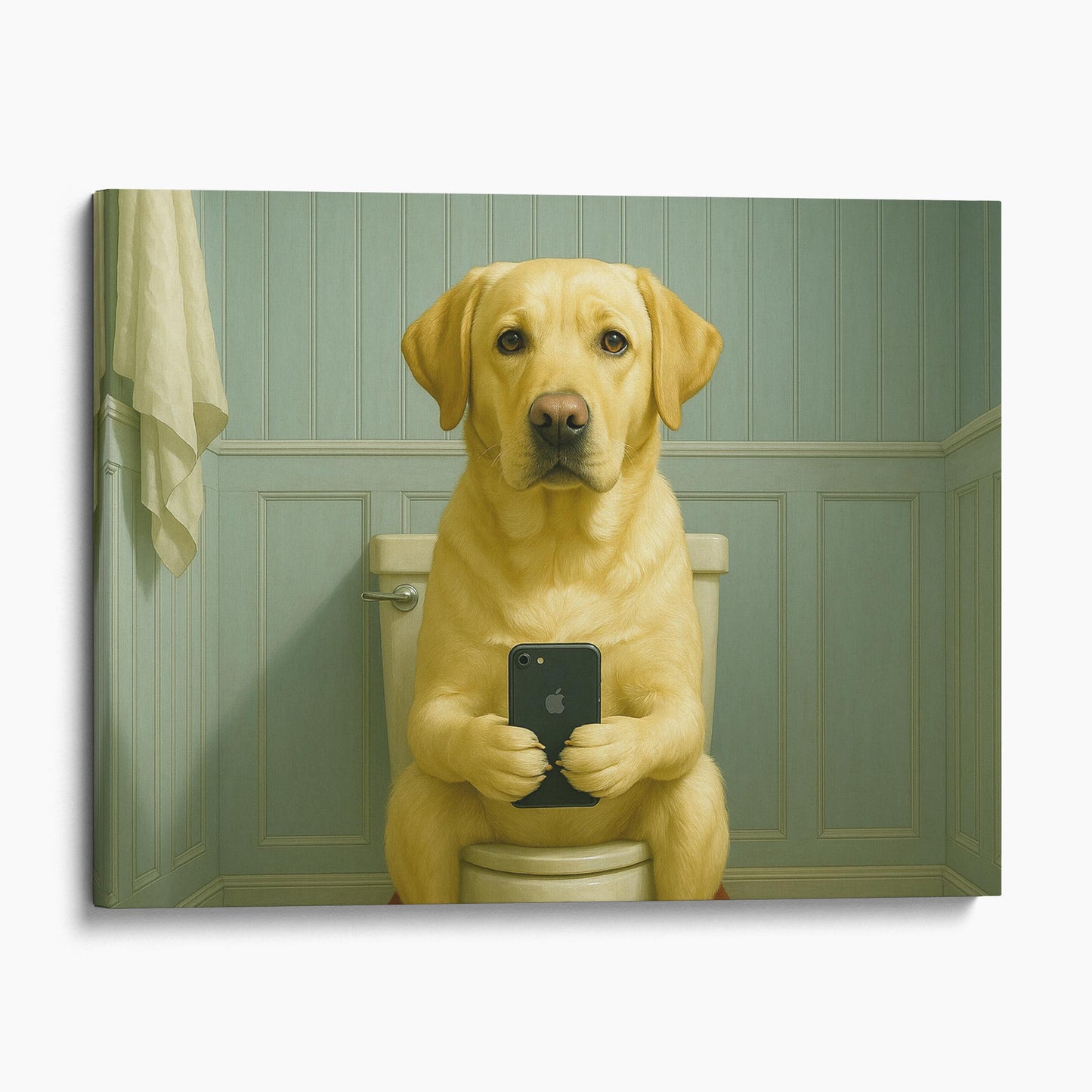 Yellow Labrador Dog On The Phone On The Toilet