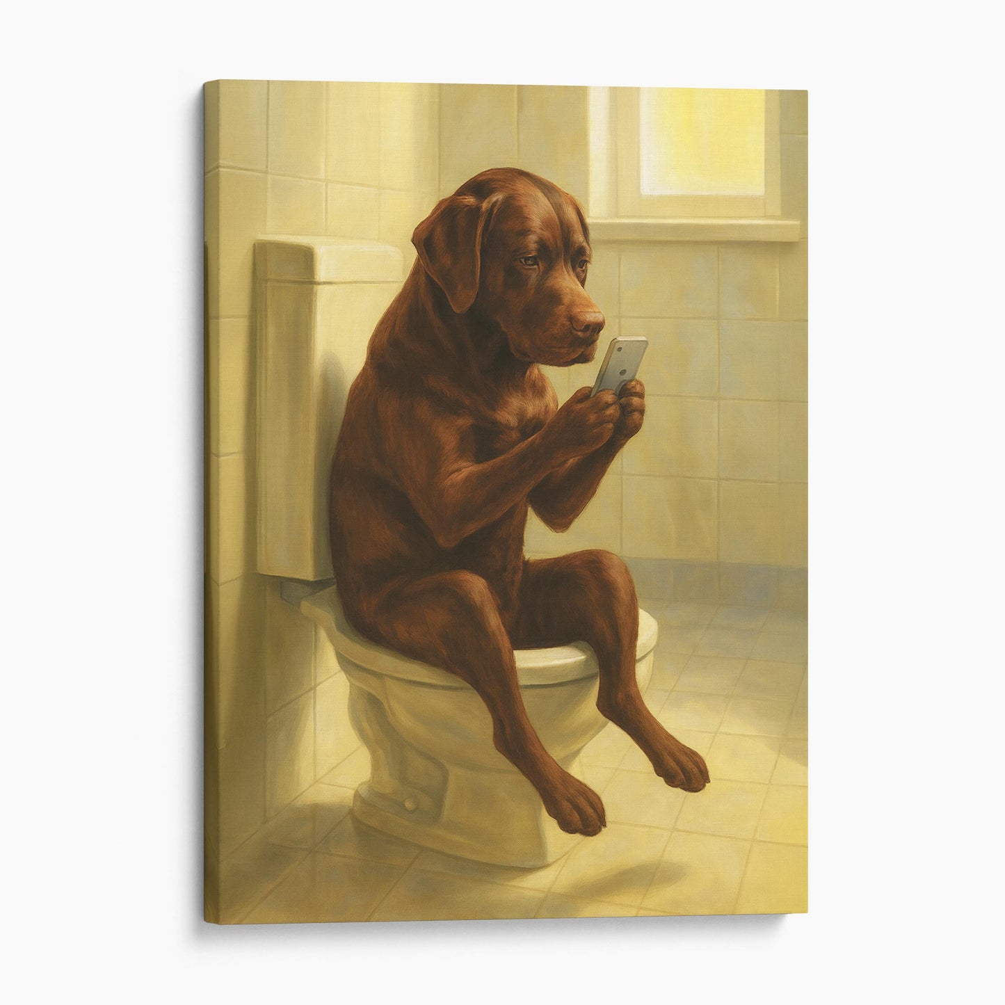 Chocolate Lab Dog On The Phone On The Toilet