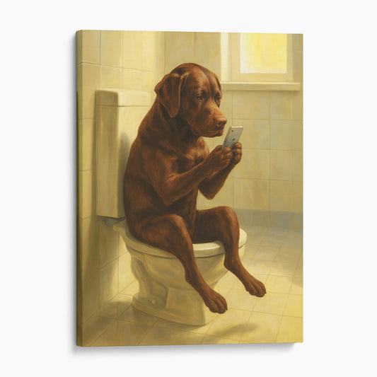 Chocolate Lab Dog On The Phone On The Toilet