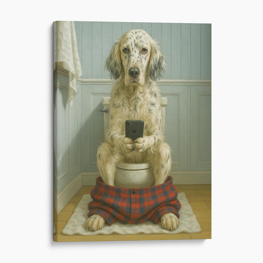 English Setter Dog On The Phone On The Toilet