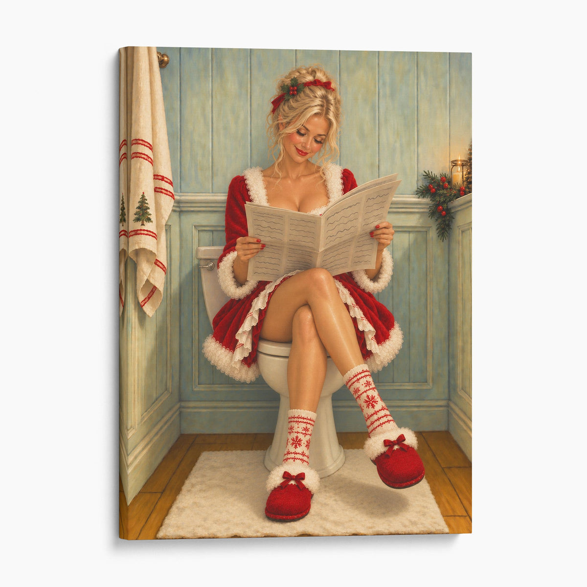 Young Mrs. Claus Reading The Newspaper On The Toilet