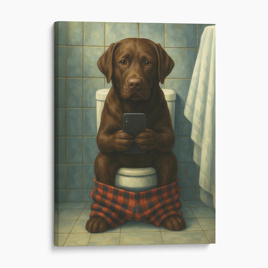 Chocolate Labrador Retriever Dog On The Phone On The Toilet