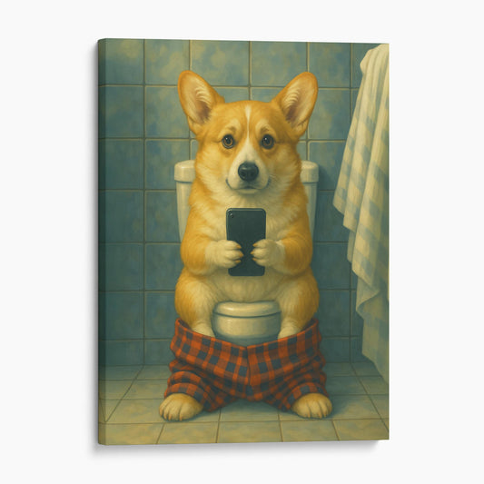 Corgi Dog On The Phone On The Toilet