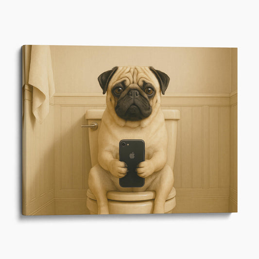 Pug Dog On The Phone On The Toilet