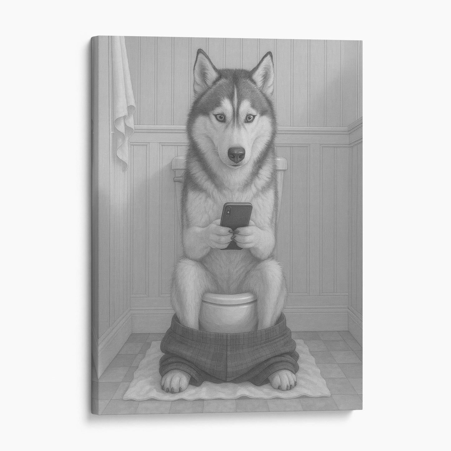 Husky Dog On The Phone On The Toilet