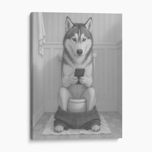 Husky Dog On The Phone On The Toilet