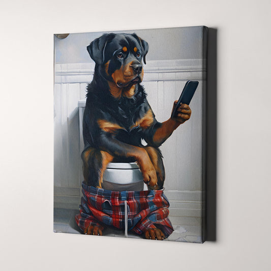 Rottweiler On The Phone On The Toilet