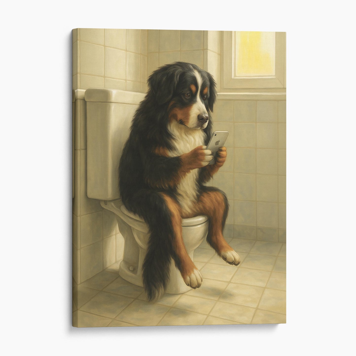 Bernese Mountain Dog On The Phone On The Toilet