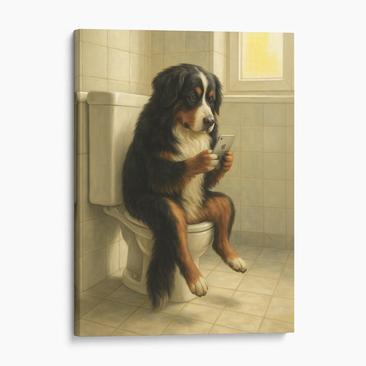 Bernese Mountain Dog On The Phone On The Toilet