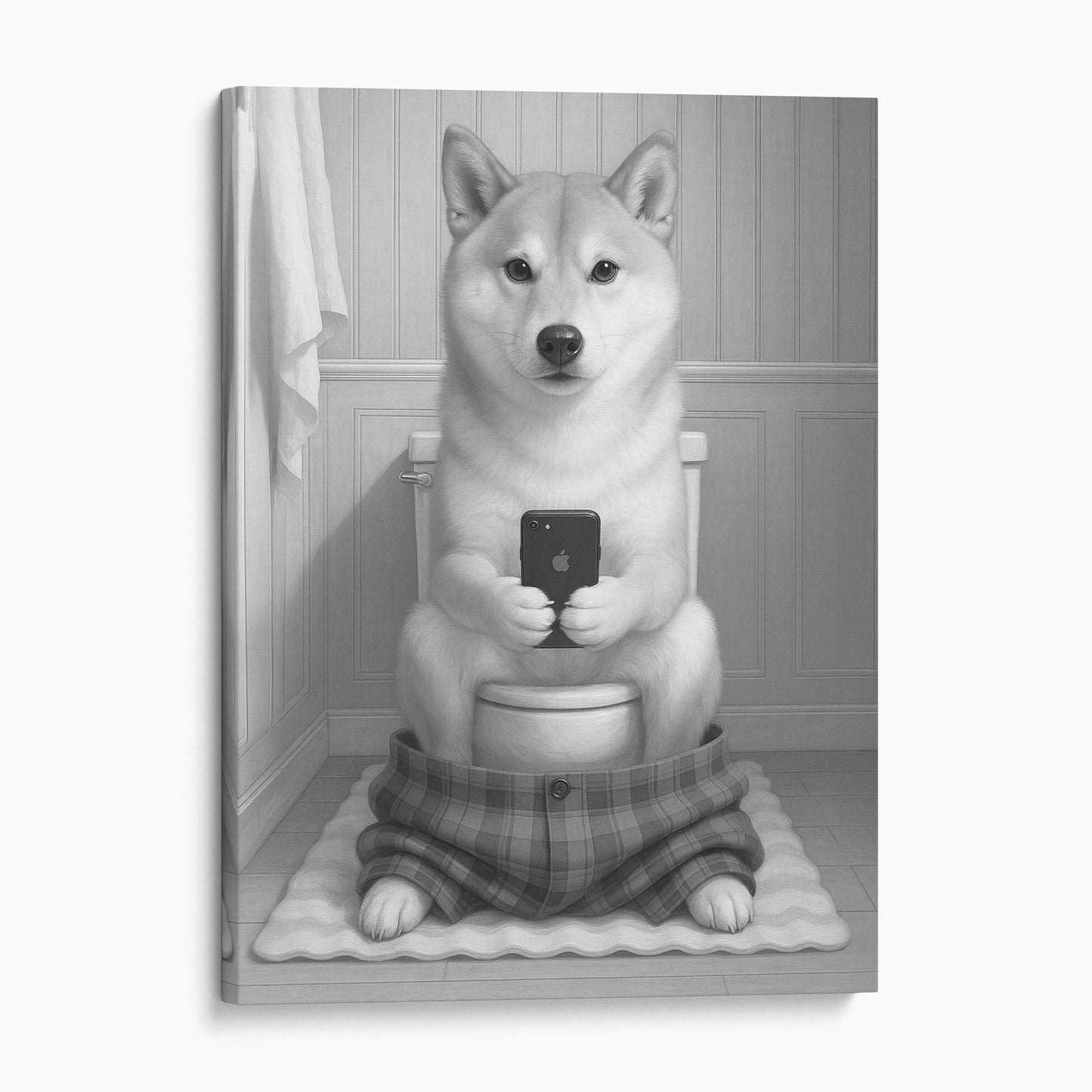 Shiba Inu Dog On The Phone On The Toilet