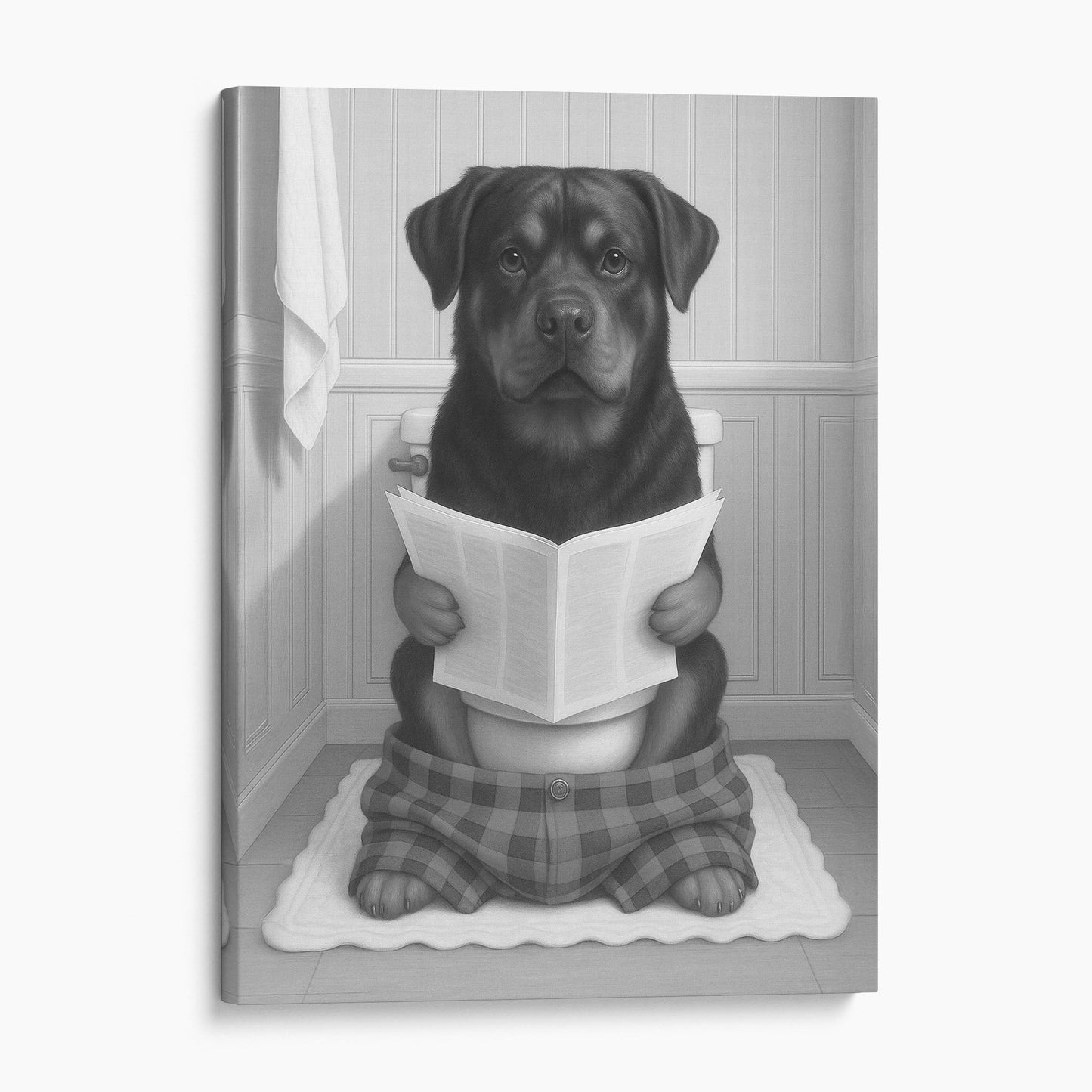 Rottweiler Dog Reading The Newspaper On The Toilet