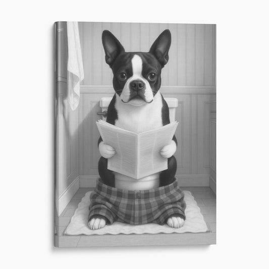 Boston Terrier Dog Reading The Newspaper On The Toilet