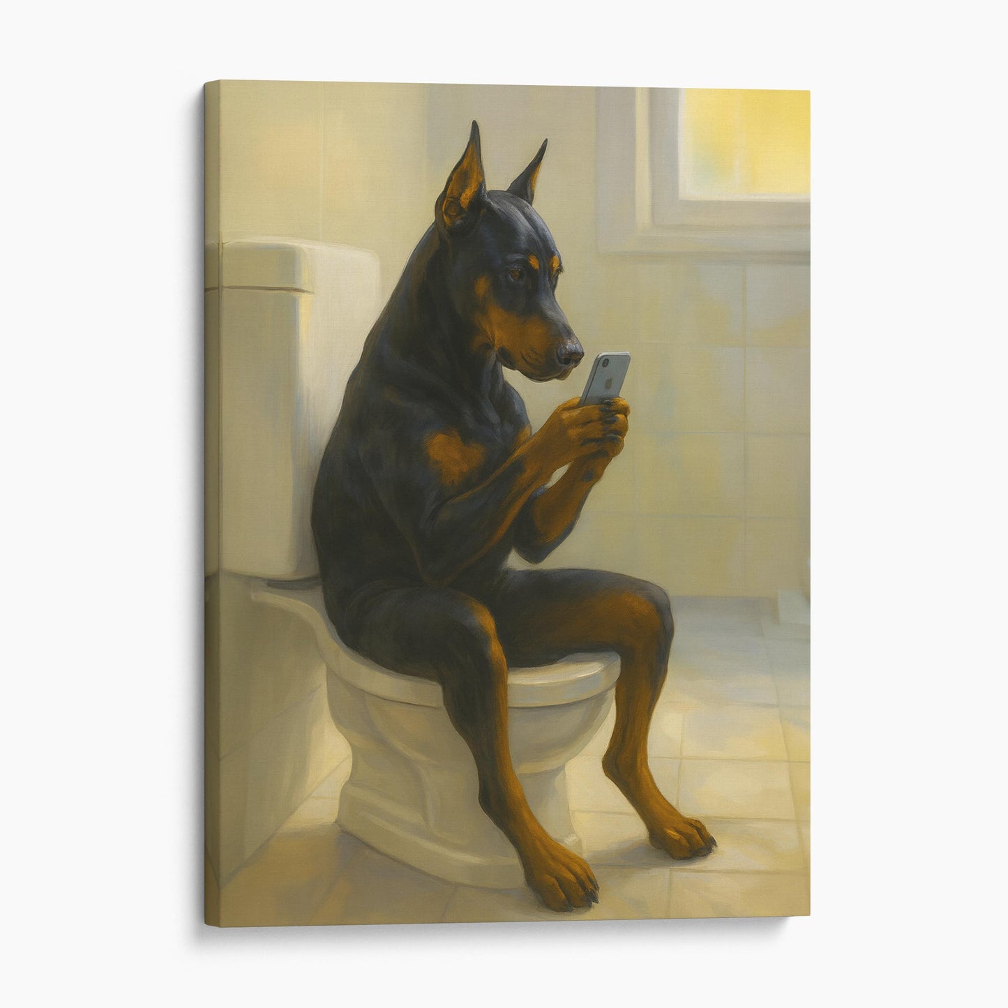 Doberman Pinscher Dog On The Phone On The Toilet