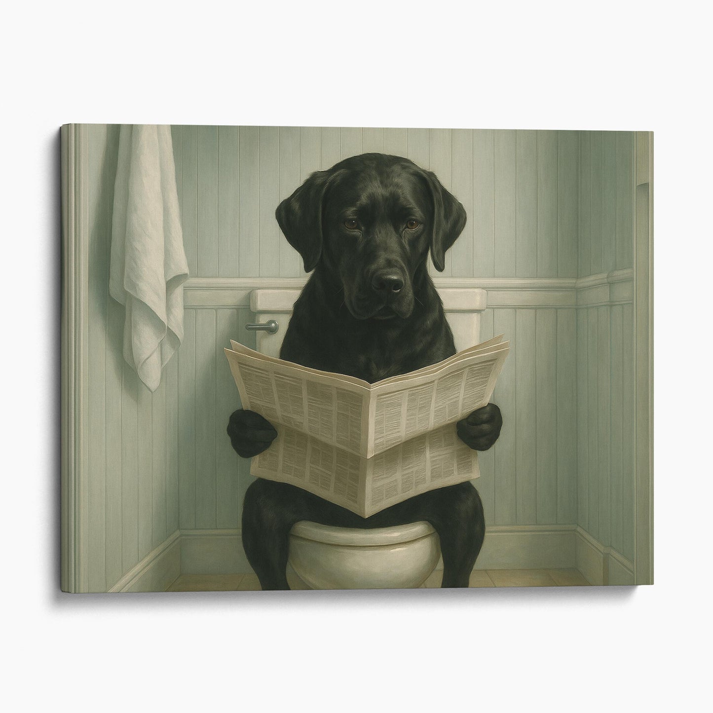 Black Labrador Retriever Reading The Newspaper On The Toilet