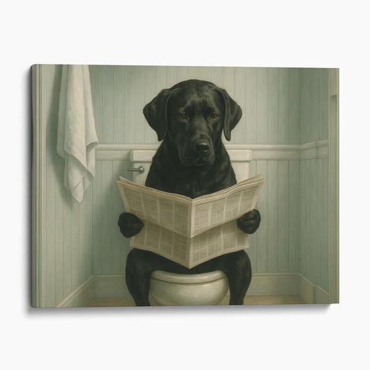 Black Labrador Retriever Reading The Newspaper On The Toilet