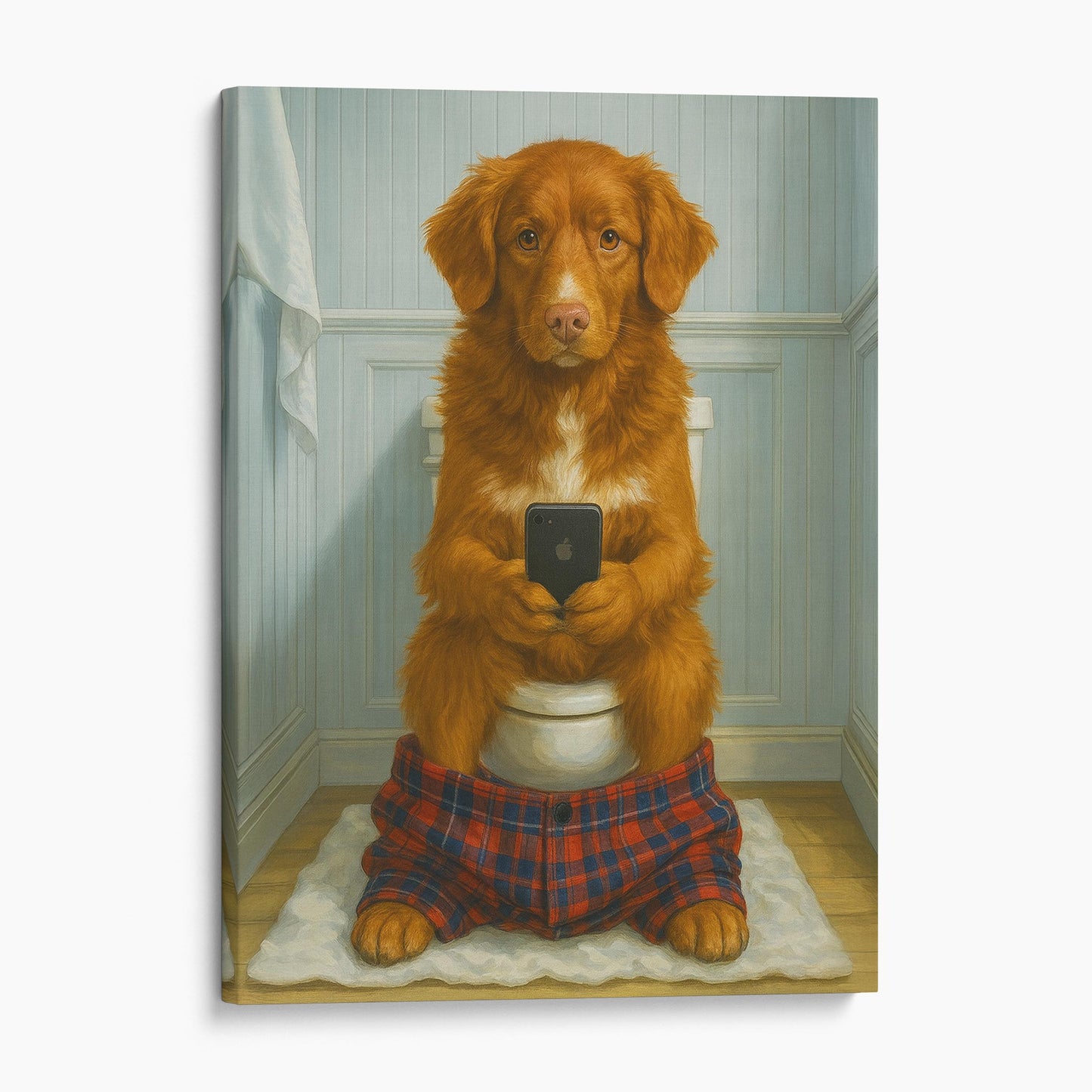 Nova Scotia Duck Tolling Retriever Dog On The Phone On The Toilet