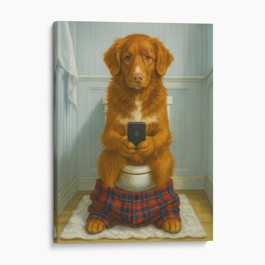 Nova Scotia Duck Tolling Retriever Dog On The Phone On The Toilet