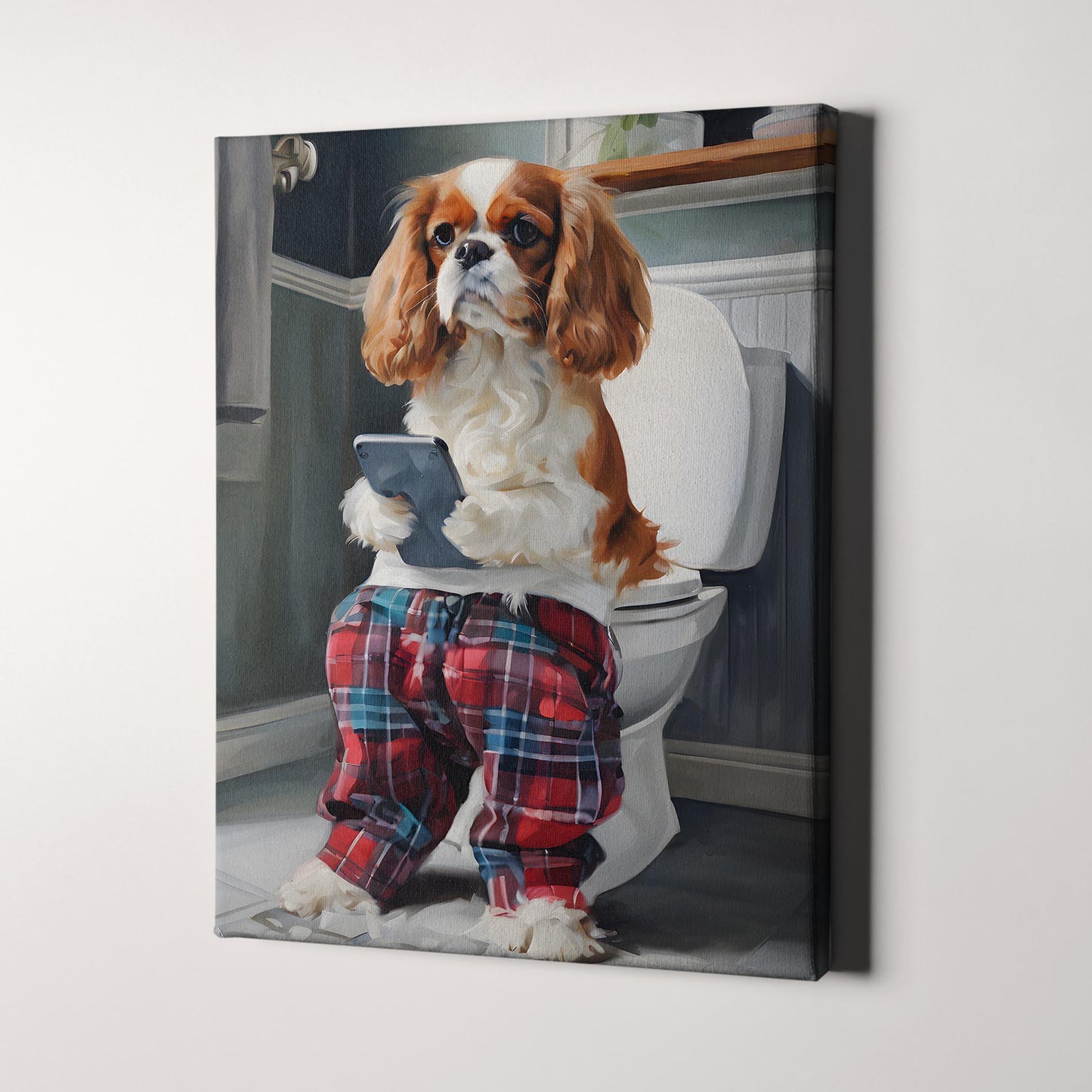 Cavalier King Charles On The Phone On The Toilet