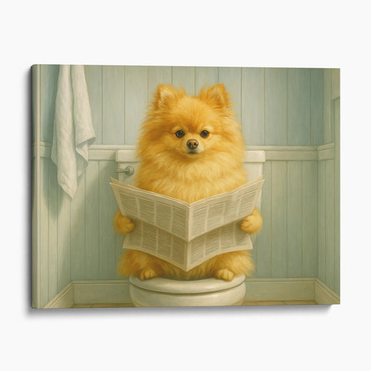 Pomeranian Dog Reading The Newspaper On The Toilet
