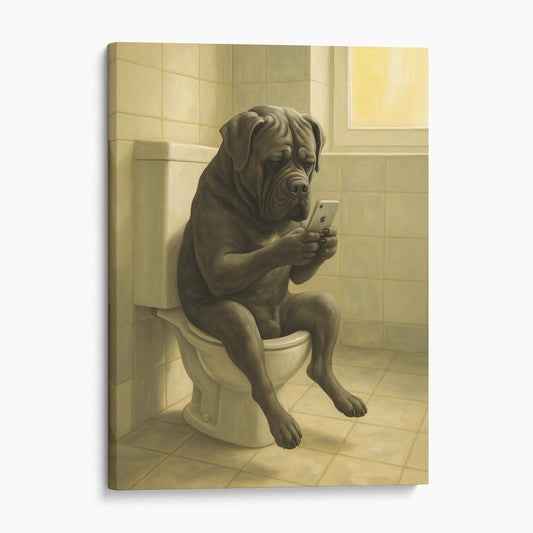 Cane Corso Dog On The Phone On The Toilet