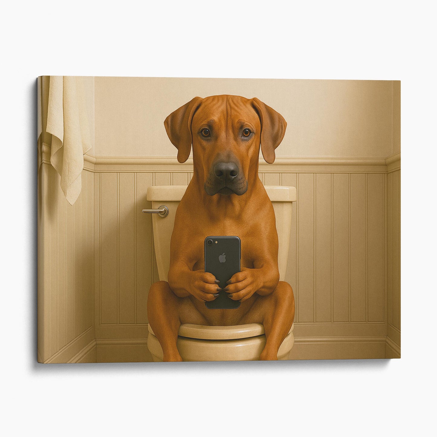 Rhodesian Ridgeback Dog On The Phone On The Toilet