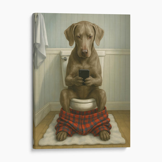 Weimaraner Dog On The Phone On The Toilet