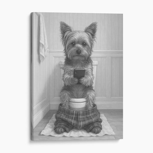 Yorkshire Terrier Dog On The Phone On The Toilet