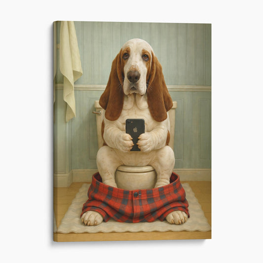 Basset Hound On The Phone On The Toilet