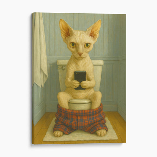 Devon Rex Cat On The Phone On The Toilet