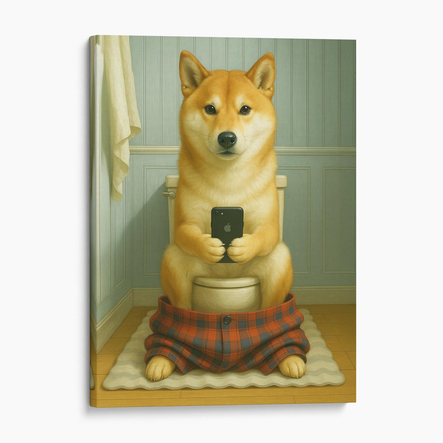 Shiba Inu Dog On The Phone On The Toilet