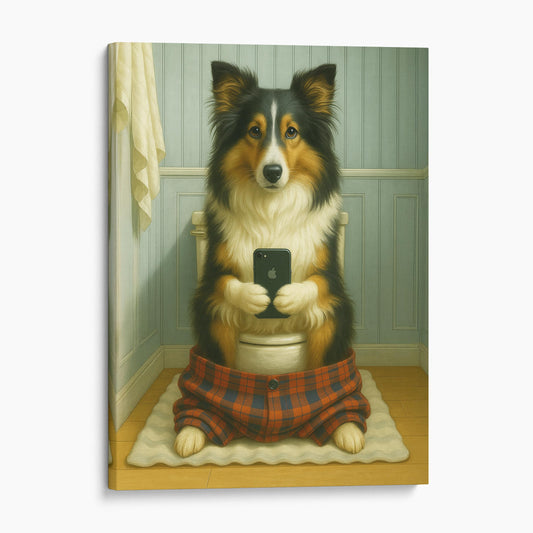 Shetland Sheepdog On The Phone On The Toilet