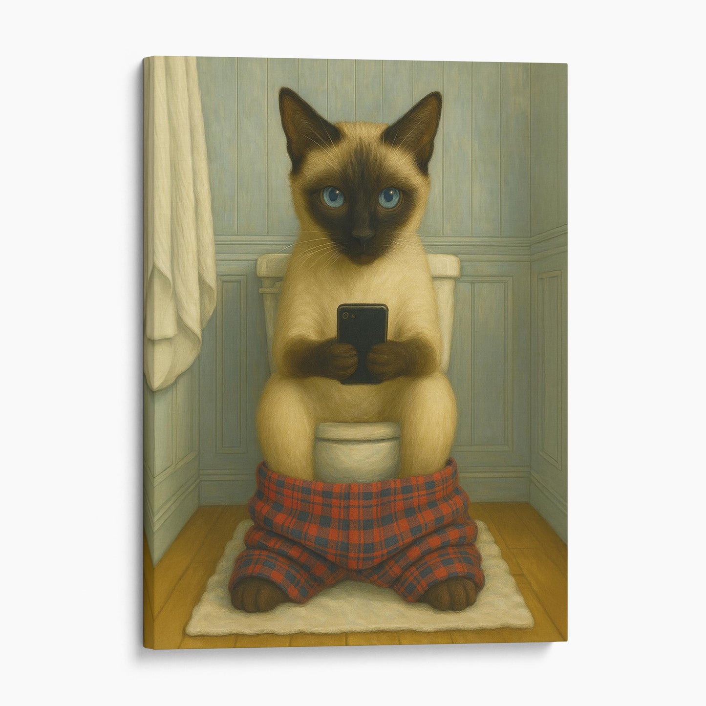 Siamese Cat On The Phone On The Toilet