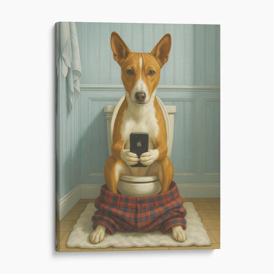 Basenji Dog On The Phone On The Toilet