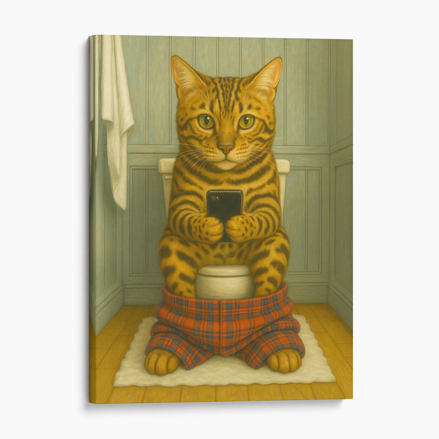 Bengal Cat On The Phone On The Toilet